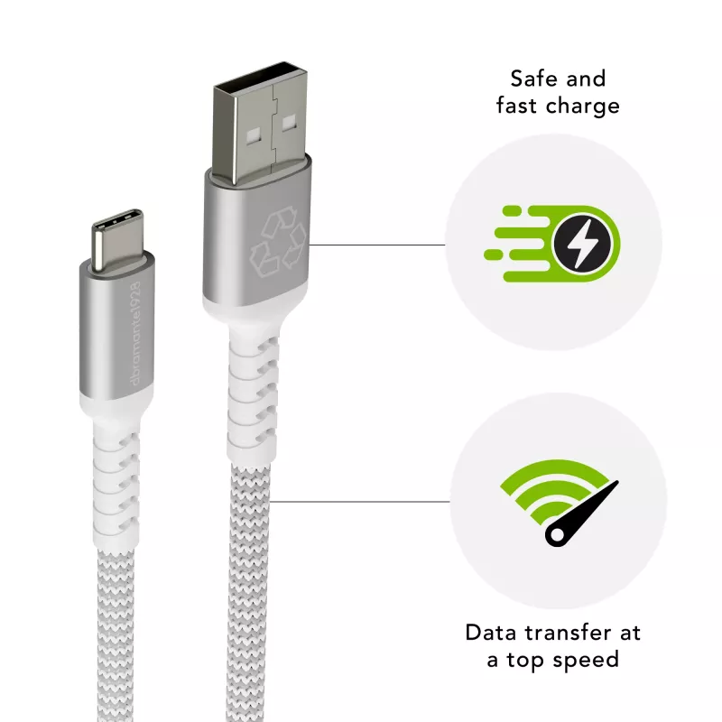 USB-A uz USB-C datu kabelis d bramante re-charge Pro BRD kabelis 2,5 m, USB 2.0, balts