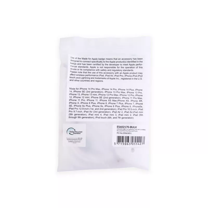 Lightning kabelis eSTUFF ES602170-BULK 1m balts USB C 2.4A