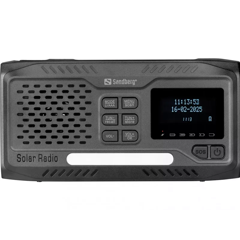 Pārnēsājamais radio SANDBERG Survivor DAB Radio All-in-1 4500 — DAB+/FM, 87,5–108 MHz, 3 W RMS, USB-A un USB-C, 4500 mAh baterija