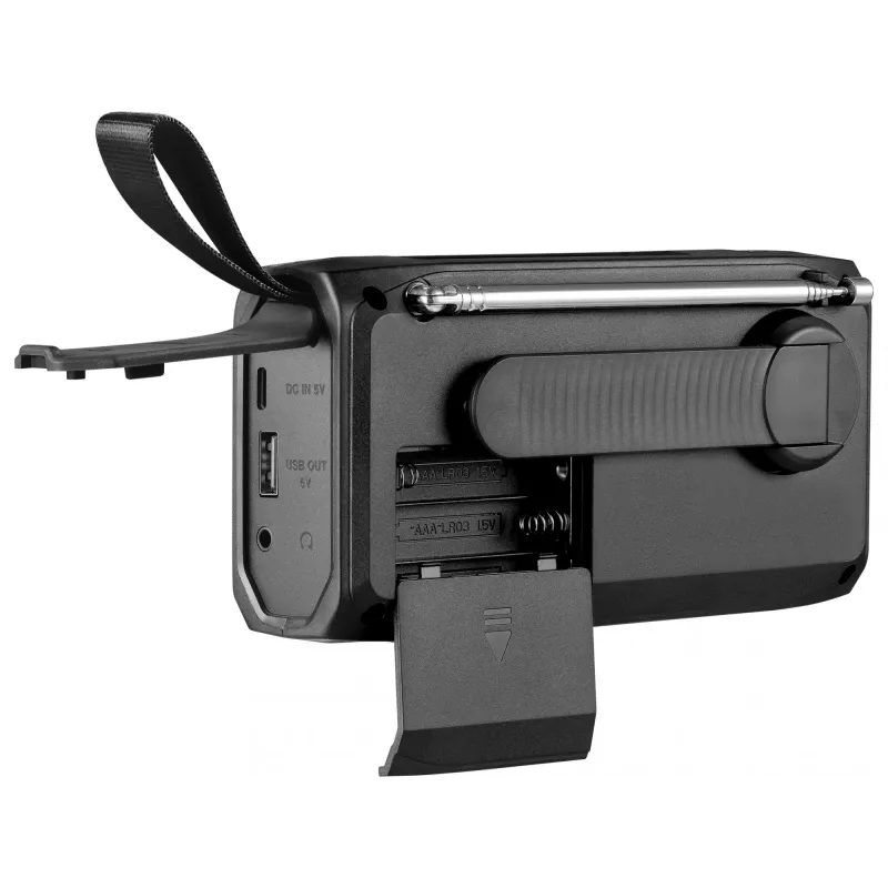 Pārnēsājamais radio SANDBERG Survivor DAB Radio All-in-1 4500 — DAB+/FM, 87,5–108 MHz, 3 W RMS, USB-A un USB-C, 4500 mAh baterija