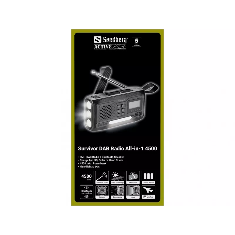Pārnēsājamais radio SANDBERG Survivor DAB Radio All-in-1 4500 — DAB+/FM, 87,5–108 MHz, 3 W RMS, USB-A un USB-C, 4500 mAh baterija