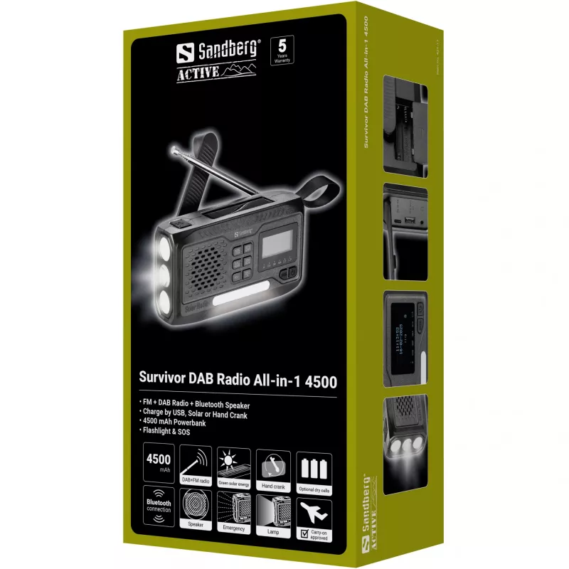 Pārnēsājamais radio SANDBERG Survivor DAB Radio All-in-1 4500 — DAB+/FM, 87,5–108 MHz, 3 W RMS, USB-A un USB-C, 4500 mAh baterija