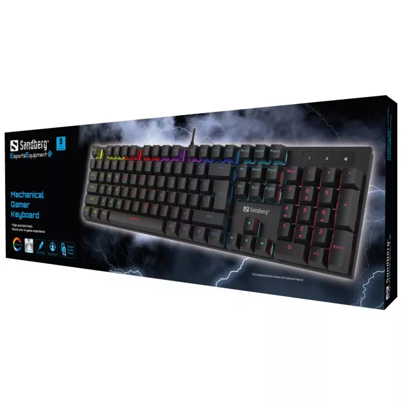 Sandberg mehāniskā spēlētāju tastatūra vācu valodā, pilna izmēra, vadu USB, mehāniska QWERTZ, RGB LED