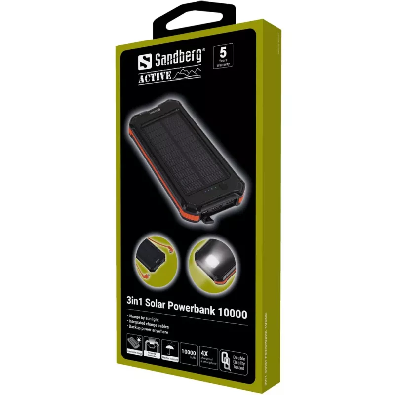 Ārējais akumulators Sandberg 3in1 Solar Powerbank 10000 10000 mAh 2A Melns