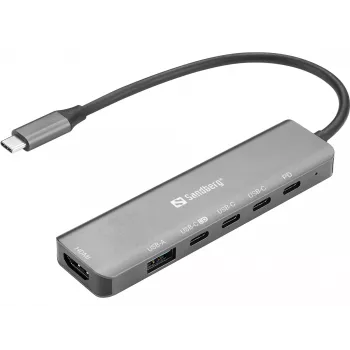 Dokstacija SANDBERG USB-C 6-in-1 MediaDock — USB 3.2 Gen 1 Type-C 10 Gbit/s, 4K HDMI, PD līdz 100W, 1×USB-A, 1×USB2.0, pelēka