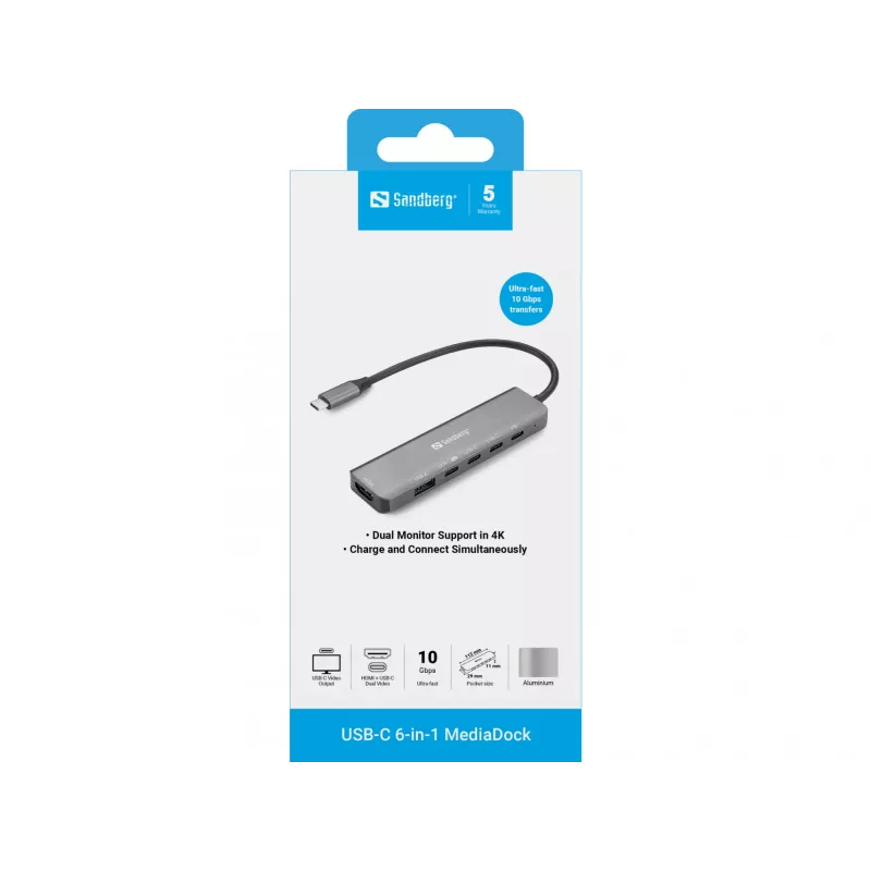 Dokstacija SANDBERG USB-C 6-in-1 MediaDock — USB 3.2 Gen 1 Type-C 10 Gbit/s, 4K HDMI, PD līdz 100W, 1×USB-A, 1×USB2.0, pelēka