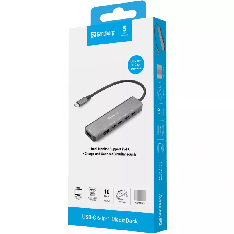 Dokstacija SANDBERG USB-C 6-in-1 MediaDock — USB 3.2 Gen 1 Type-C 10 Gbit/s, 4K HDMI, PD līdz 100W, 1×USB-A, 1×USB2.0, pelēka