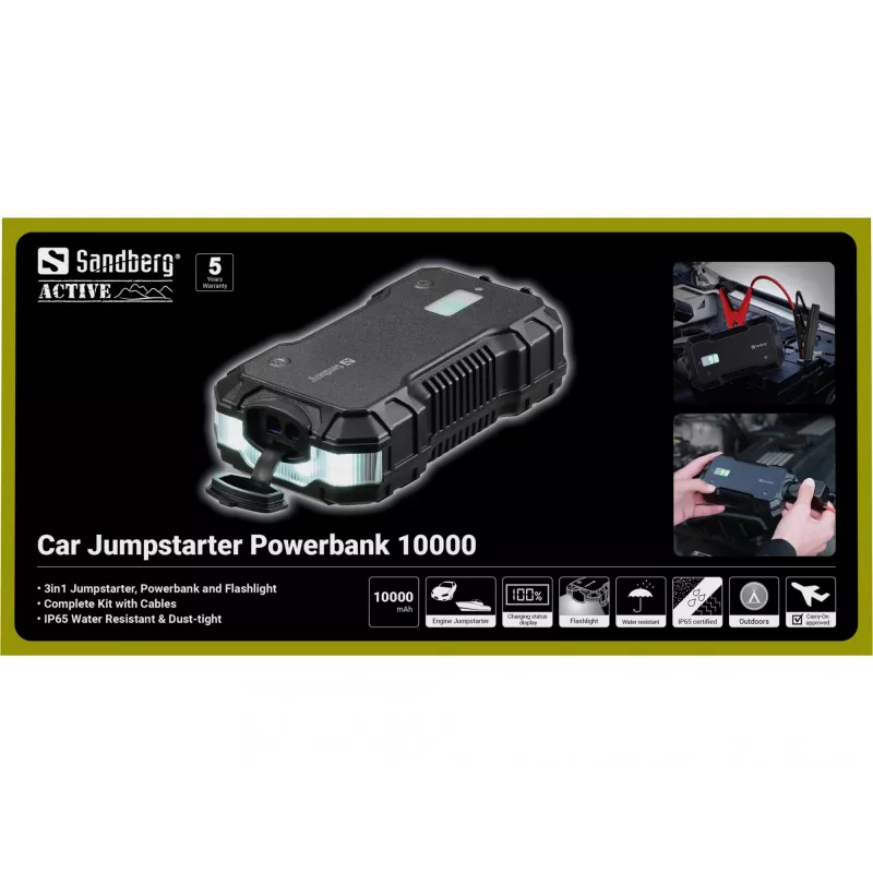 Sandberg auto startera ārējais akumulators 10000 mAh USB Type-A Type-C melns