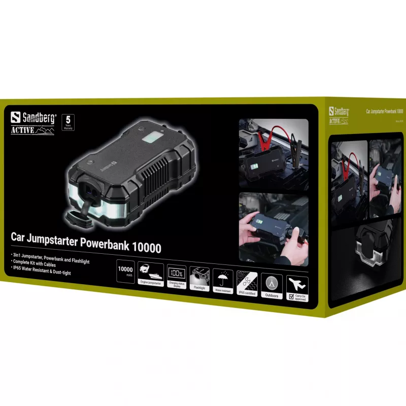Sandberg auto startera ārējais akumulators 10000 mAh USB Type-A Type-C melns