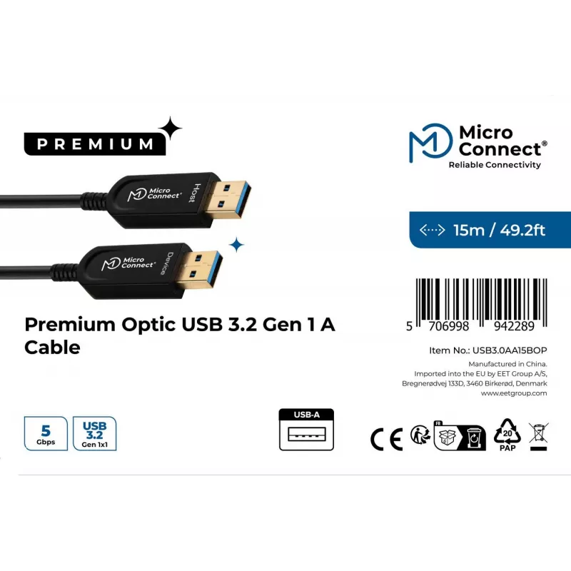 Microconnect USB3.0AA15BOP USB kabelis USB 3.2 Gen 1 (3.1 Gen 1) 15 m USB A Melns