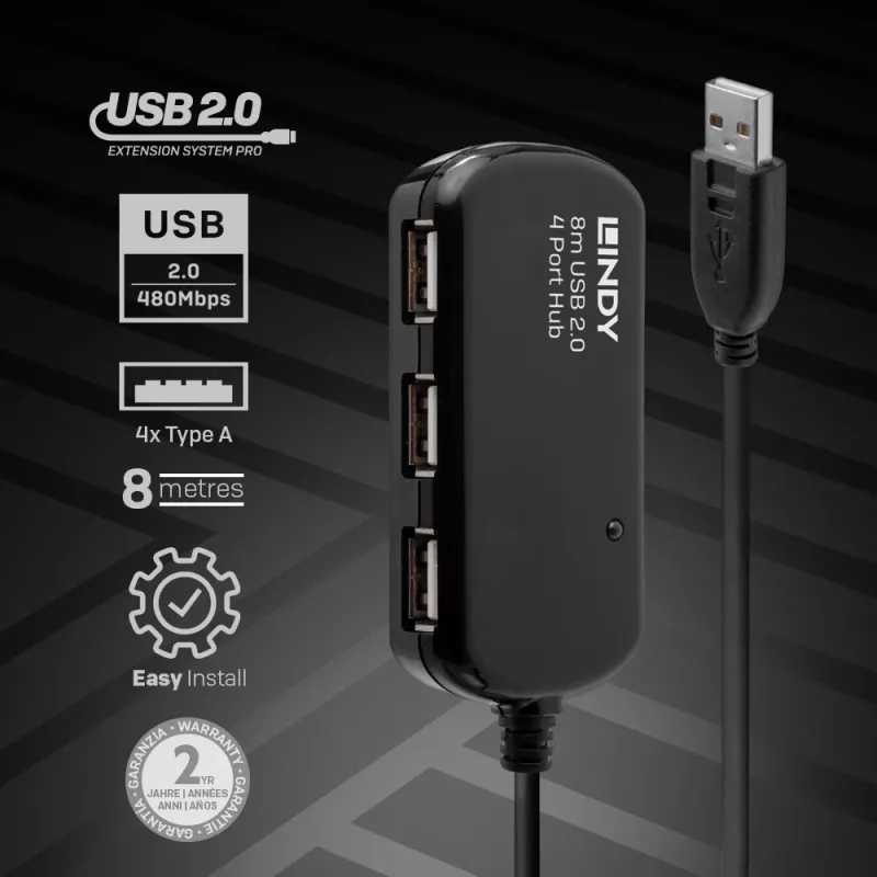 Lindy 8m USB 2.0 aktīvais pagarinātājrumbulis Pro