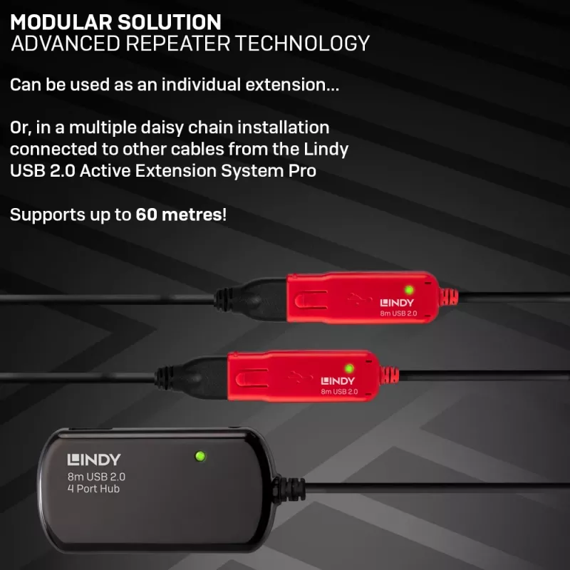 Lindy 8m USB 2.0 aktīvais pagarinātājrumbulis Pro