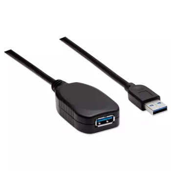 Manhattan USB-A uz USB-A pagarinātāja kabelis, 5 m, vīrišķais uz sievišķo, aktīvs, 5 Gb/s (USB 3.2 Gen 1, agrāk USB 3.0), iebūvēts atkārtotājs, SuperSpeed USB, melns, trīs gadu garantija, ekvivalents USB2AAEXT5M.