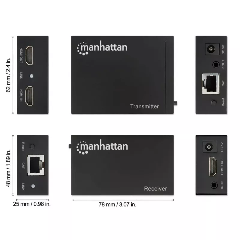 Manhattan HDMI 1080p signāla pagarinātāja komplekts caur Ethernet, līdz 50 m ar vienu Cat6 kabeli, raidītāja un uztvērēja moduļi, IS atbalsts, trīs gadu garantija