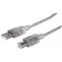 USB-A uz USB-B kabelis Manhattan USB2AA2M 3m vīr.-vīr. sudrabains
