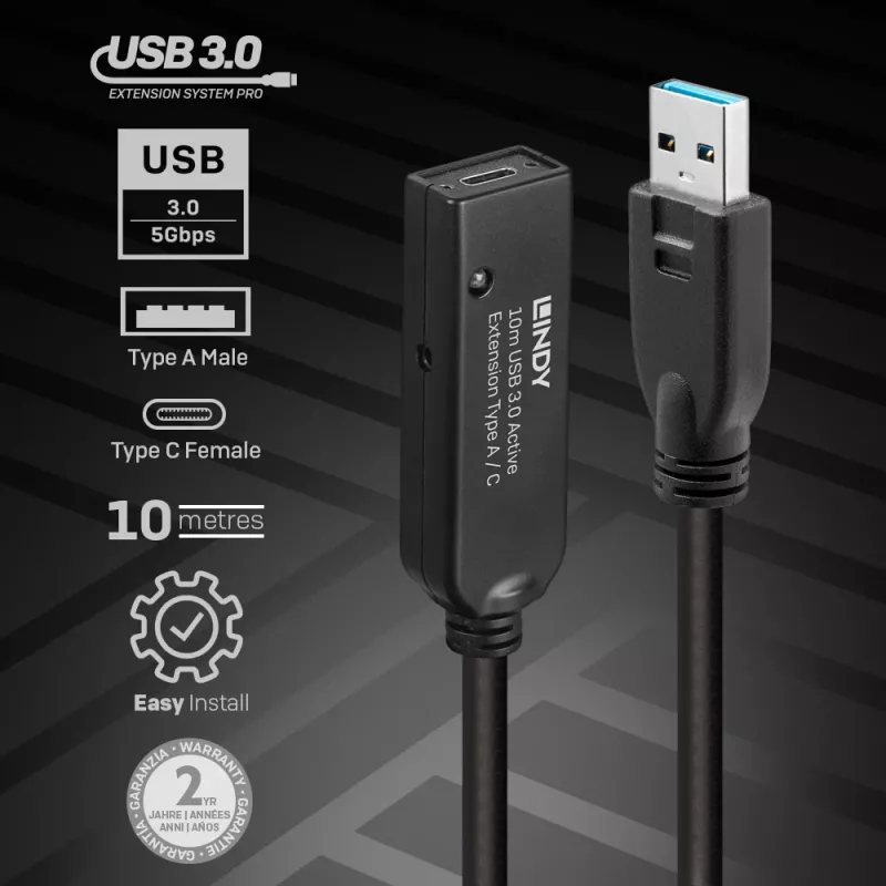Lindy 10m USB 3.0 aktīvais pagarinātājs Type A uz C