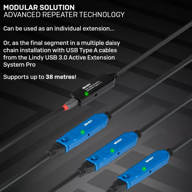 Lindy 10m USB 3.0 aktīvais pagarinātājs Type A uz C