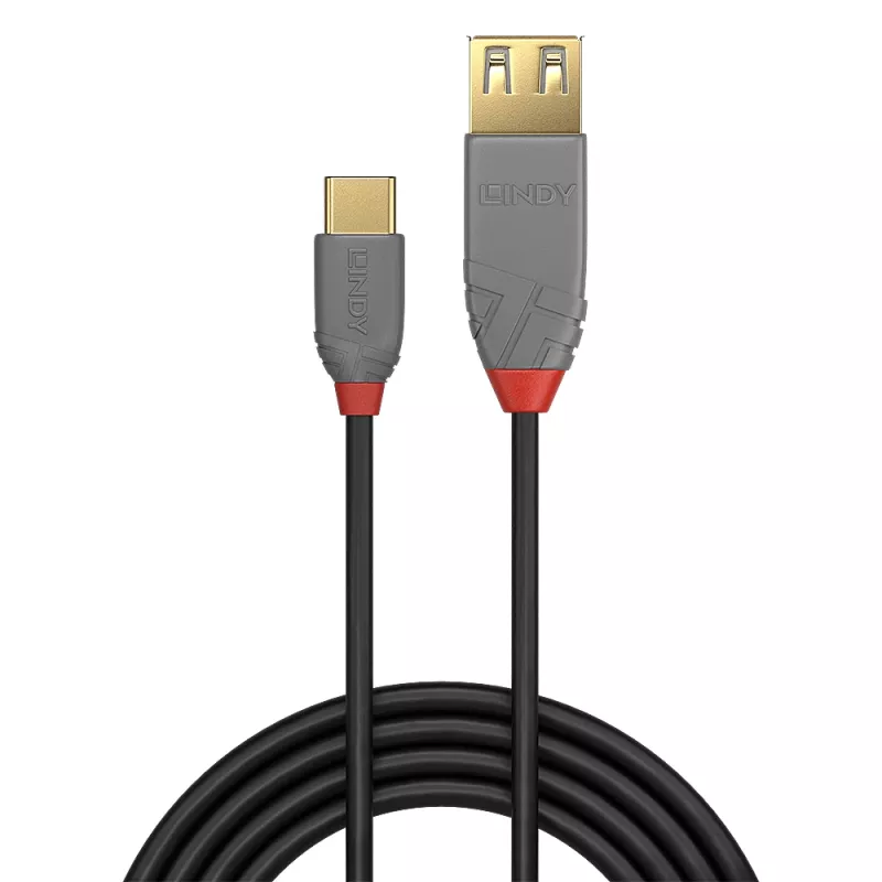 Lindy 0,15 m USB 2.0 C tipa uz A adaptera kabelis, Anthra Line, 0,15 m, USB A, USB C, USB 2.0, 0,48 Gbit/s, melns, pelēks