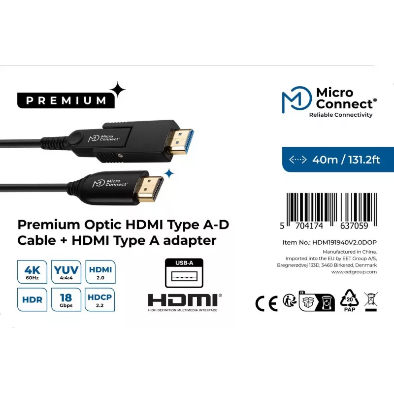 Microconnect Premium Optic HDMI A-D kabelis 40m 2.0 3D 18Gbit/s