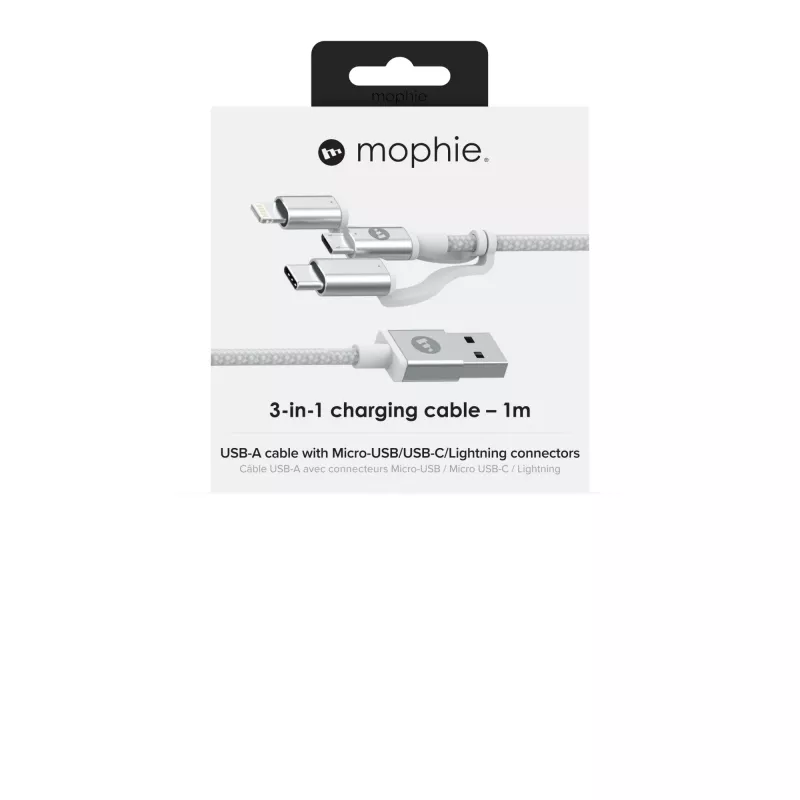 mophie Charge and Sync kabelis- USB-A to Micro/USB-C/LTG- 1M- Balts