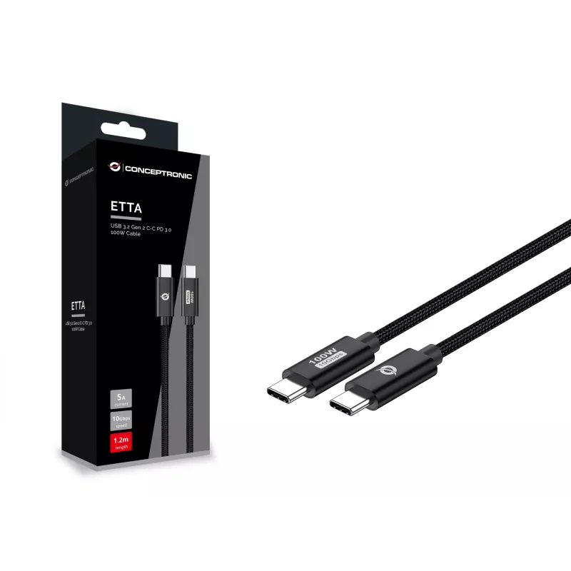 Conceptronic ETTA02B12 USB 3.2 Gen 2 C-C PD 3.0 100 W kabelis 1,2 m, 20 V 5 A, 10 Gbps, ar E-Mark