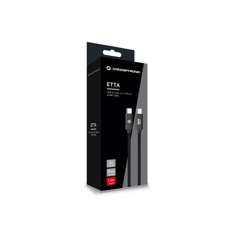 Conceptronic ETTA02B12 USB 3.2 Gen 2 C-C PD 3.0 100 W kabelis 1,2 m, 20 V 5 A, 10 Gbps, ar E-Mark