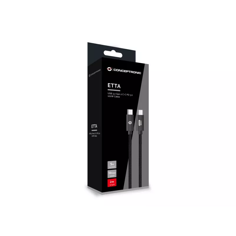 Conceptronic ETTA02B20 USB 3.2 Gen 2 C-C PD 3.0 100W kabelis 2 m, 20V 5A, 10Gb/s, E-Mark