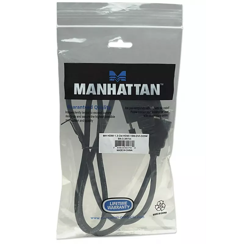 Manhattan HDMI uz DVI-D 24+1 kabelis, 1 m, vīrišķais-vīrišķais, melns, duālā saite, saderīgs ar DVD-D, mūža garantija, ekvivalents HDDVIMM1M