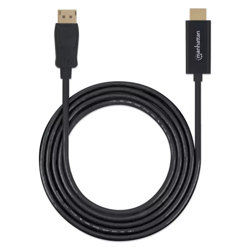Manhattan DisplayPort 1.1 uz HDMI kabelis, 1080p@60Hz, 1m, vīrs pret vīru, DP ar fiksatoru, melns, nav divvirzienu, trīs gadu garantija