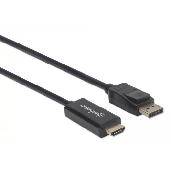 Manhattan DisplayPort 1.1 uz HDMI kabelis, 1080p@60Hz, 1,8 m, vīrietis–vīrietis, DP ar fiksatoru, melns, nav divvirzienu, trīs gadu garantija