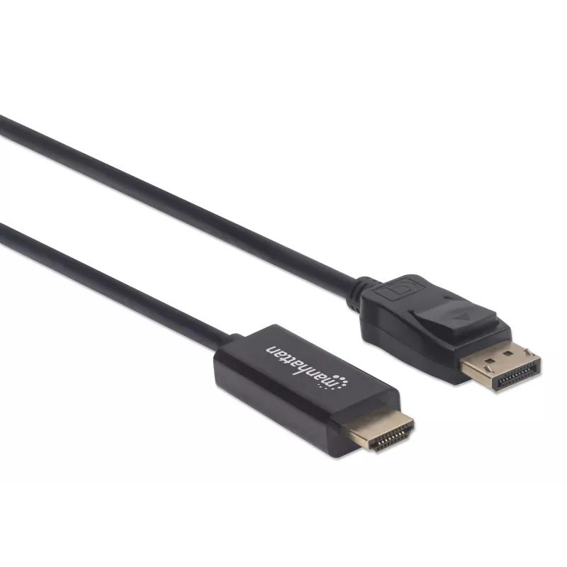 Manhattan DisplayPort 1.1 uz HDMI kabelis, 1080p@60Hz, 1,8 m, vīrietis–vīrietis, DP ar fiksatoru, melns, nav divvirzienu, trīs gadu garantija