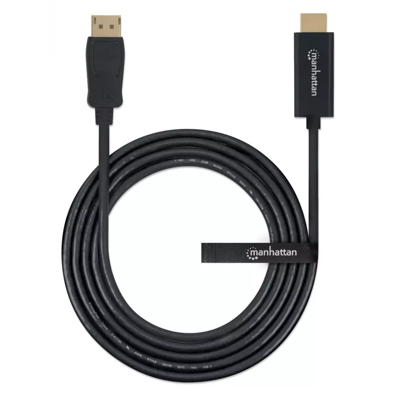 Manhattan DisplayPort 1.1 uz HDMI kabelis, 1080p@60Hz, 1,8 m, vīrietis–vīrietis, DP ar fiksatoru, melns, nav divvirzienu, trīs gadu garantija