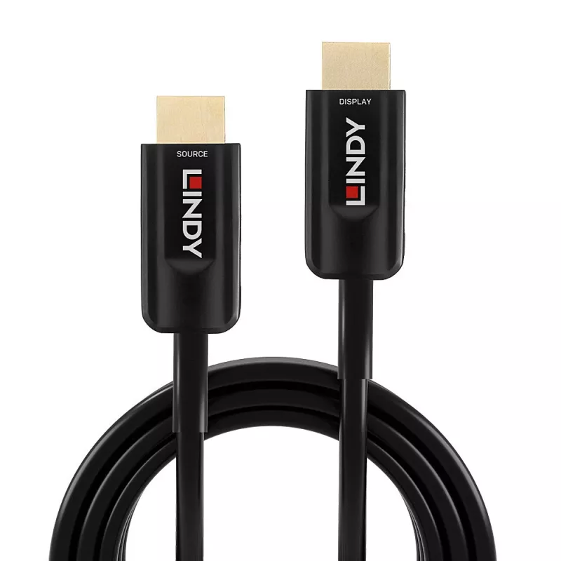 Hibrīda optiskās šķiedras HDMI kabelis Lindy 15 m, Ultra High Speed 48 Gbit/s, HDMI 2.1, apzeltīti savienotāji, melns