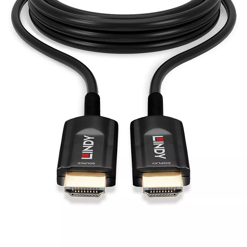 Hibrīda optiskās šķiedras HDMI kabelis Lindy 15 m, Ultra High Speed 48 Gbit/s, HDMI 2.1, apzeltīti savienotāji, melns