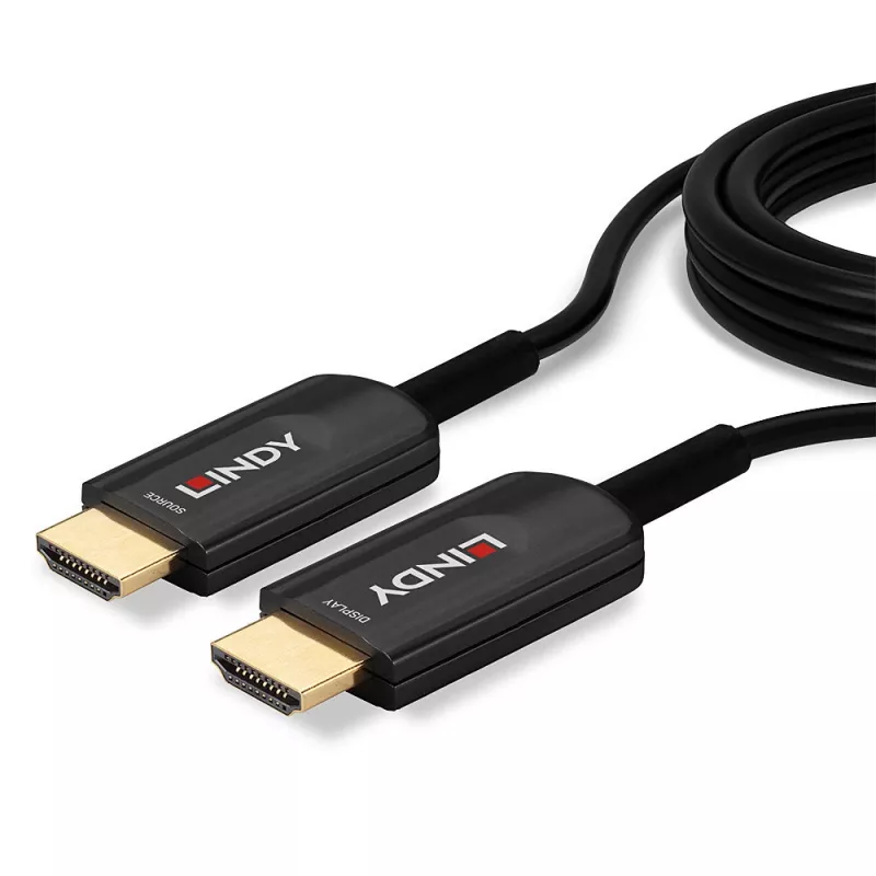 Hibrīda optiskās šķiedras HDMI kabelis Lindy 15 m, Ultra High Speed 48 Gbit/s, HDMI 2.1, apzeltīti savienotāji, melns