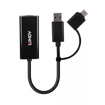 Lindy USB 3.2 Gen 1 Gigabit Ethernet pārveidotājs ar vadu USB savienojumu, Ethernet, 5000 Mbit/s, melns