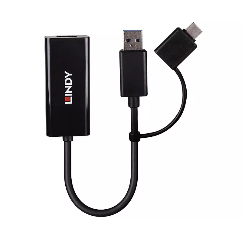 Lindy USB 3.2 Gen 1 Gigabit Ethernet pārveidotājs ar vadu USB savienojumu, Ethernet, 5000 Mbit/s, melns