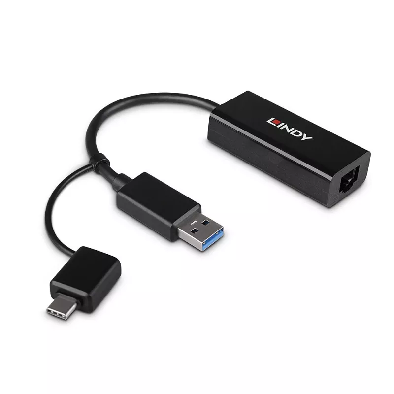 Lindy USB 3.2 Gen 1 Gigabit Ethernet pārveidotājs ar vadu USB savienojumu, Ethernet, 5000 Mbit/s, melns