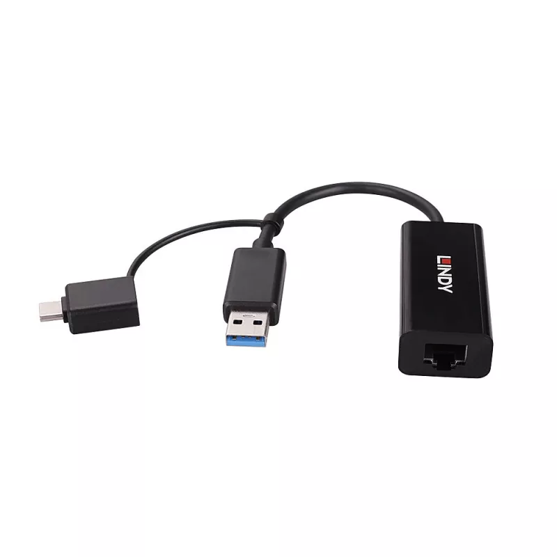Lindy USB 3.2 Gen 1 Gigabit Ethernet pārveidotājs ar vadu USB savienojumu, Ethernet, 5000 Mbit/s, melns