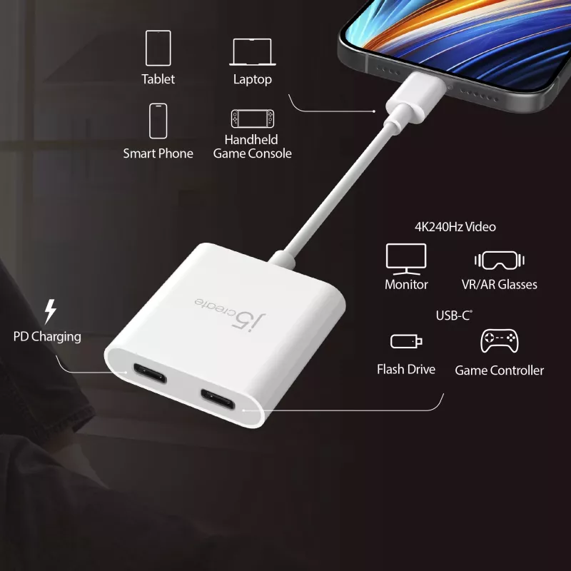 USB-C uz diviem USB-C adapteris j5create JCA164-N 3840x2160 240Hz