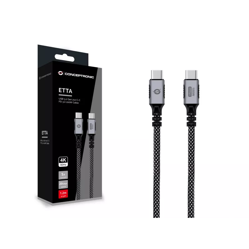 CONCEPTRONIC USB-C uz USB-C kabelis ETTA07B12 — USB 3.2 Gen 2x2, 1,2 m, 20 Gbps, PD 3.0 100W (20V/5A), 4K60Hz, Melns, E-Mark