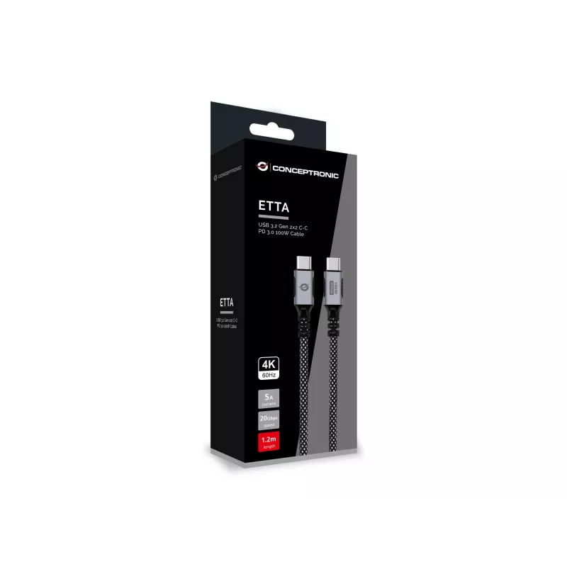 CONCEPTRONIC USB-C uz USB-C kabelis ETTA07B12 — USB 3.2 Gen 2x2, 1,2 m, 20 Gbps, PD 3.0 100W (20V/5A), 4K60Hz, Melns, E-Mark