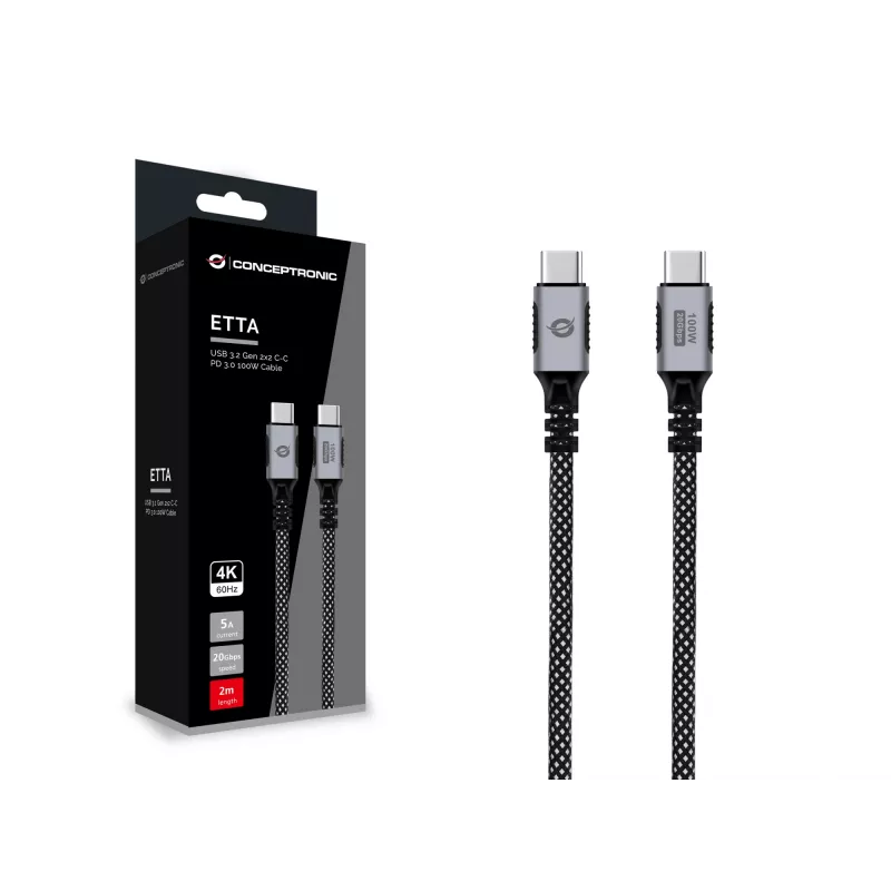 USB-C to USB-C kabelis CONCEPTRONIC ETTA07B20 — USB 3.2 Gen 2x2, 2 m, 20 Gbps, PD 3.0 100W (20V 5A), 4K@60Hz, E-mark