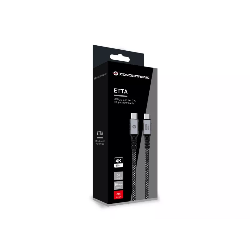 USB-C to USB-C kabelis CONCEPTRONIC ETTA07B20 — USB 3.2 Gen 2x2, 2 m, 20 Gbps, PD 3.0 100W (20V 5A), 4K@60Hz, E-mark