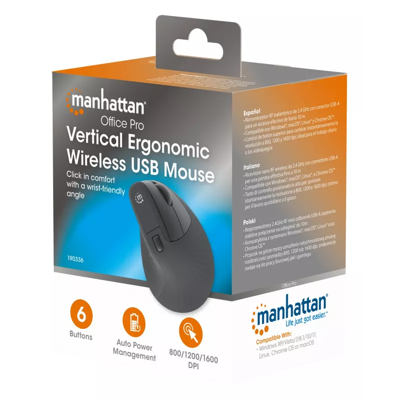 Bezvadu pele Manhattan Ergonomic Vertical, labās rokas, RF