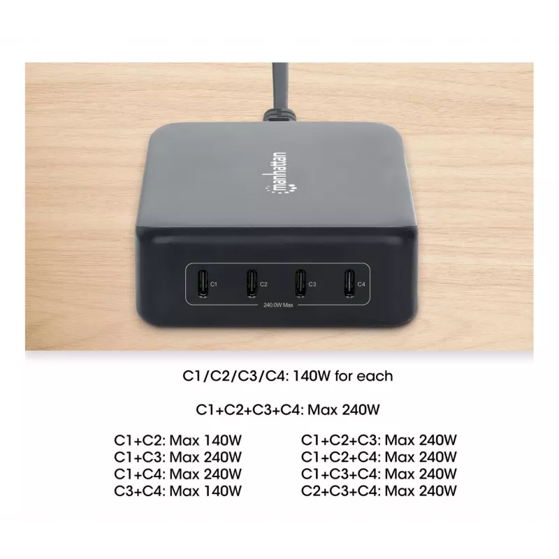 Lādētājs Manhattan ar četriem USB-C PD portiem, 140 W uz portu, 240 W kopā