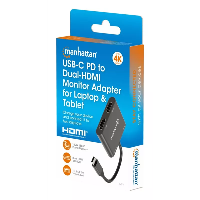 Daudzportu adapteris Manhattan 154321 USB Type-C uz 2 HDMI USB-A Power Delivery 100W