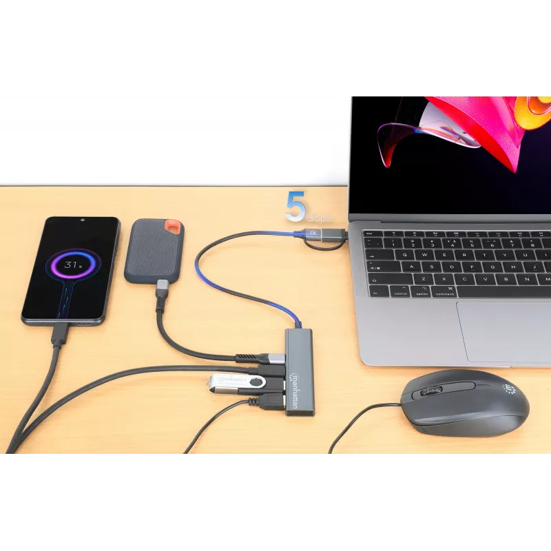 USB-C un USB-A kombinētais doks/cents Manhattan 4 porti 5 Gb/s alumīnija