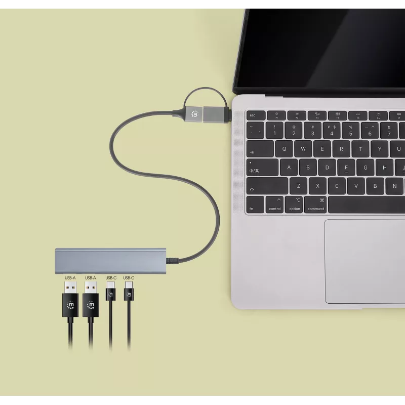 USB-C un USB-A kombinētais doks/cents Manhattan 4 porti 5 Gb/s alumīnija