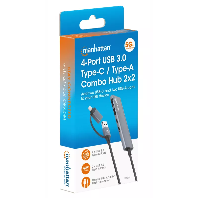 USB-C un USB-A kombinētais doks/cents Manhattan 4 porti 5 Gb/s alumīnija